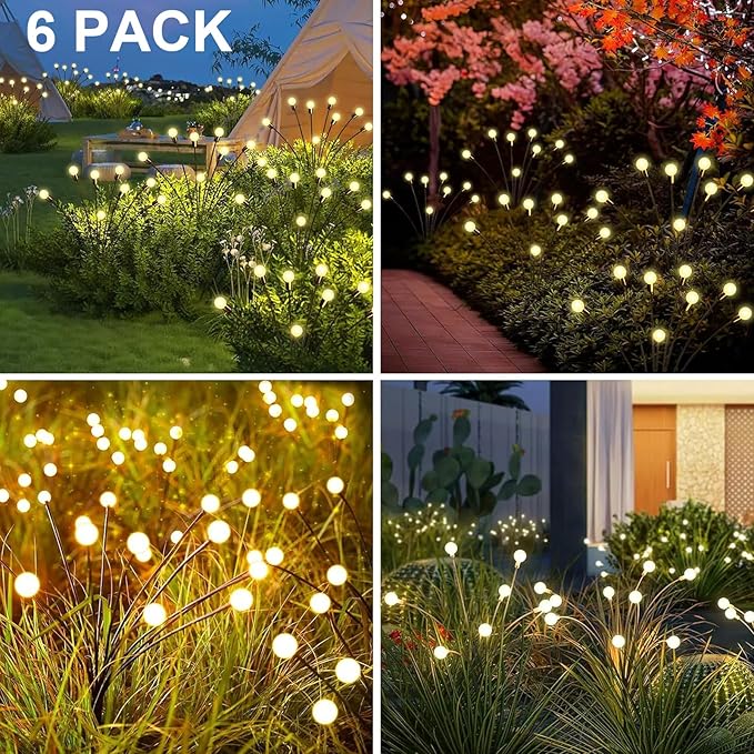 New Upgraded Solar Garden Lights, 6 Pack 48 LED Solar Firefly Lights Outdoor Waterproof, Solar & USB Charging, 8 Modes Swaying Light for Yard Pathway Patio Landscape Outdoor Decoration Lights