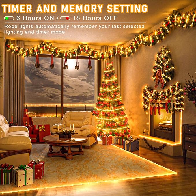 Rope Lights Outdoor, 100FT 300 LED Plug in Christmas Lights with Waterproof 8 Modes, Connectable String Twinkle Light for Indoor House Patio Garden Party Holiday Decorations, Warm White