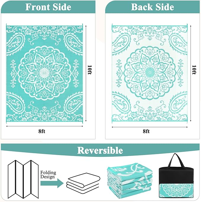 Pauwer Waterproof Outdoor Rug 8x10, Reversible Plastic Straw Patio Camping Rug, Indoor Outdoor RV Mat Carpet for Deck, Camper, Porch, Balcony, Backyard, Picnic, Boho Light Blue