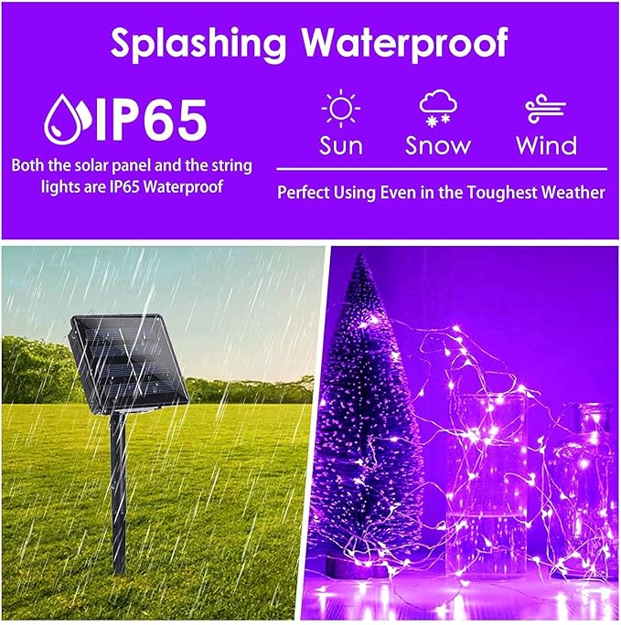 Purple Halloween Solar String Lights Outdoor, 2-Pack 80FT 200LED Solar Twinkle Light Waterproof, Copper Wire 8 Modes Purple Fairy Lights for Garden, Fence, Tree Decor, Halloween Decoration Outdoor