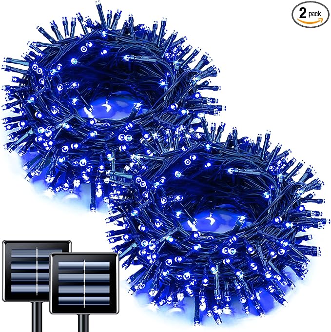 JMEXSUSS 2 Pack Blue Solar Christmas Lights: 100 LED 33ft Blue Solar Lights Outdoor, 8 Modes Solar String Lights for Outside Christmas Tree Gardens Party