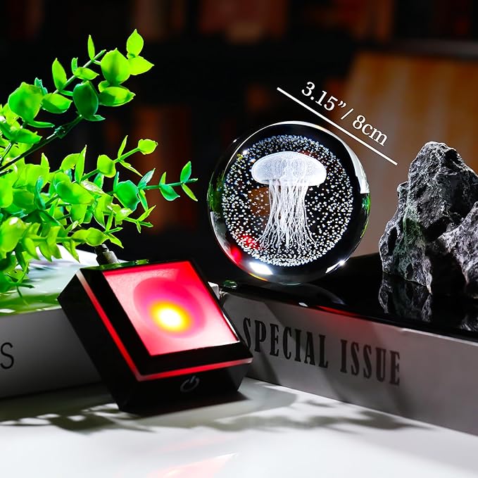 Qianwei Jellyfish Lamp for Women 3D Crystal Ball 3.14'' - 80mm Laser Jellyfish Decor Glass Animals Jellyfish Night Light Gifts Figurines Statue for Room Decorations Jellyfish Stuff