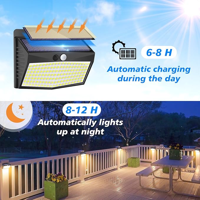 [138 LED/8 Packs] Solar Motion Sensor Lights Outdoor Waterproof with 3 Lighting Modes Solar Wall Lights Solar Security Powered Lights for Garden Fence Yard Deck Garage, Warm White