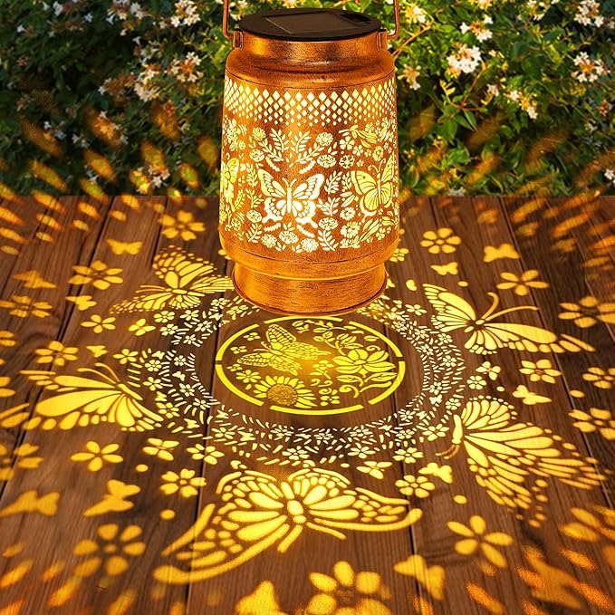 Solar Lanterns Outdoor Garden Decor Butterfly Hanging Lantern Lights, Birthday Gifts for Women Mom Grandma Waterproof Metal Solar Lights LED Decoration with Shepherd Hook for Garden Yard Patio Porch