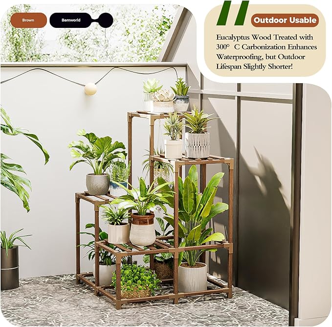 Bamworld Corner Plant Stand Indoor Outdoor Plant Shelf Small Plant Table for Multiple Plants Wooden Plant Holder for Garden Patio Lawn Window Plants Gift