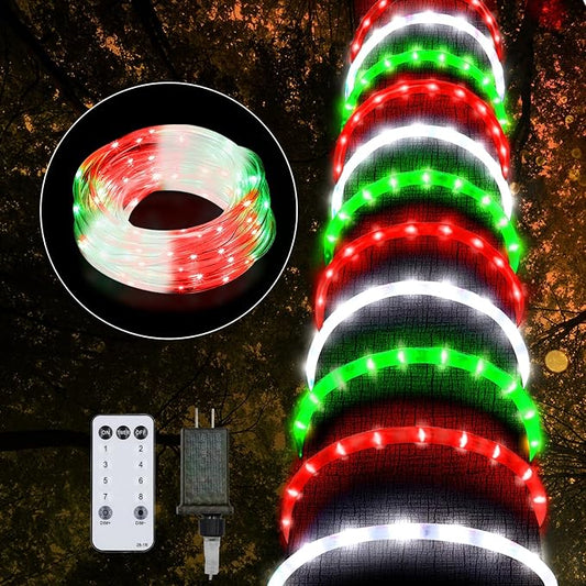 Christmas Rope Lights Outdoor, 50Ft 600 LED Red White Green String Light, Waterproof Tube Light Plug in 8 Modes Timer Memory, Permanent Christmas Lights for Tree Fence Garden Party Decorations