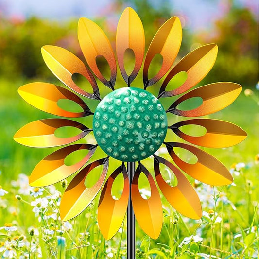 Sunflower Standing Wind Sculpture, Outdoor Wind Spinner with Stake, Metal Windmill for Garden, Lawn Yard Art Decorations (1pcs-Yellow)