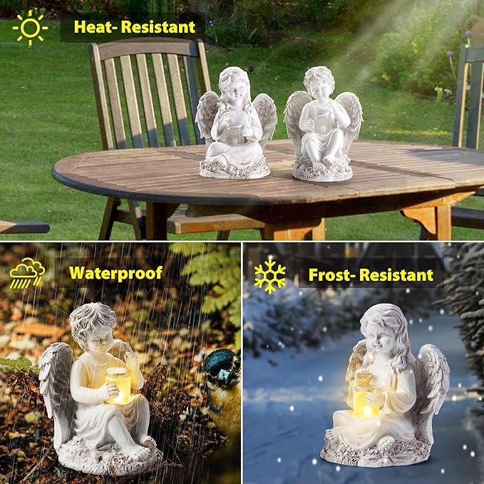 2 Pack Outdoor Angel Statue Garden Decor, Classic Solar Angel Figurine Decoration for Yard Art Indoor Porch Home Lawn Outside Light up Cherub Sculpture Guardian Wings Memorial Gifts