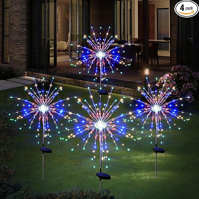 Solar Garden Firework Lights Outdoor Waterproof 4 Pack 120 LED Sparklers Solar Lights for Outside Patio Backyard Yard Pathway Walkway Decorations (Colorful)