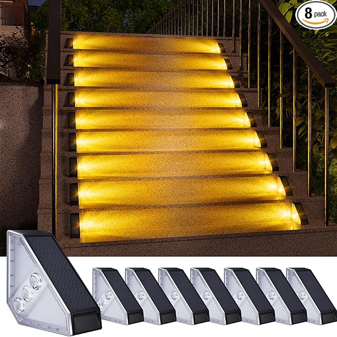 KINKAI Solar Step Lights for Outside, 8 Pack Triangle Stair Light Outdoor Waterproof Deck Lighting for Garden, Patio, Yard, Front Door, Porch Decor (Warm Light)