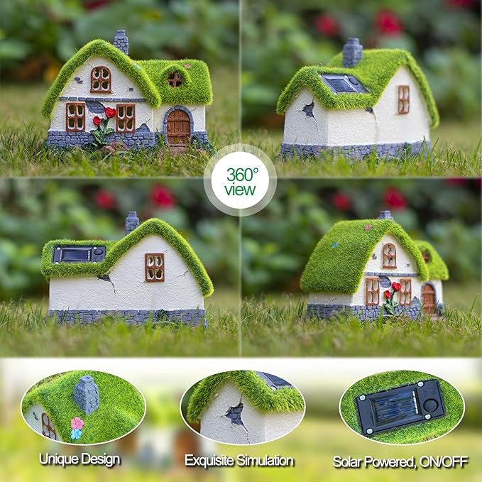 Solar Fairy House Garden Statue with Flocked Decor - Outdoor Garden Cottage Figurine with Lights, Figurine for Outdoor Patio Lawn Porch Garden Decorations