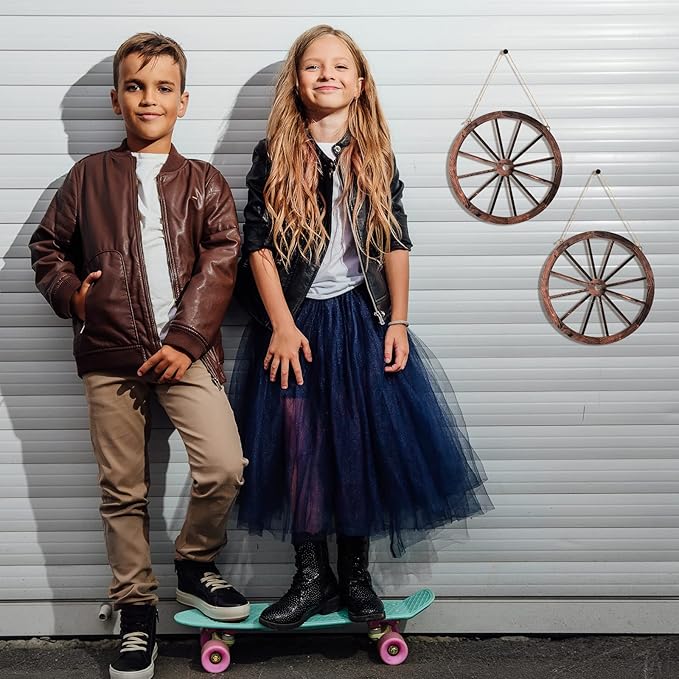 Qunclay 4 Pcs Wooden Wagon Wheel Wall Decor Old Western Wood Boho Wall Art Farmhouse Boho Wagon Wheels Rustic Yard Decor Wood Hanging Decorations for Garden Home Bar Garage (10 Inch)