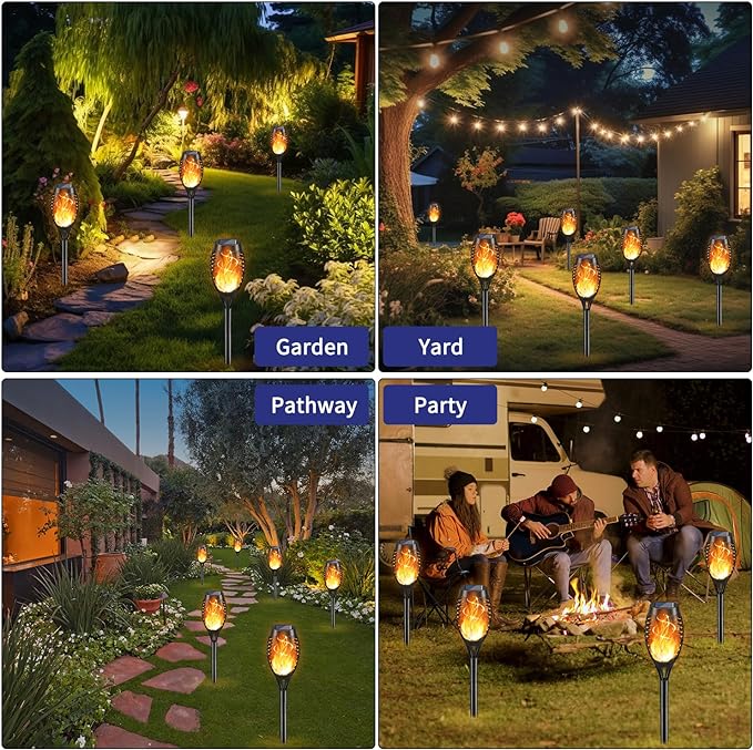 KYEKIO Solar Torch Light with Flickering Flame, 12Pack Solar Lights Outdoor, Waterproof Outdoor Lights for Yard Garden, Luces Solares para Exteriores, Tiki Torches for Outside Patio Decorations