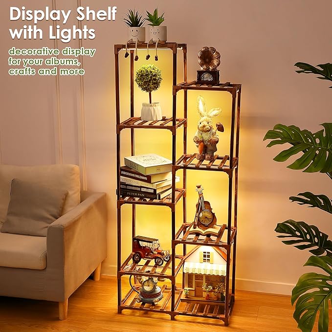 Plant Stand with Grow Lights Indoor, 9 Tiers Shape Plant Shelf with Light Full Spectrum Led Grow Light, Timer Function and Brightness Adjustment, Wood Plant Stand Indoor for Corner Living Room