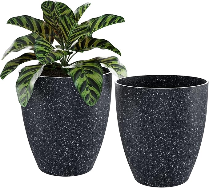 QCQHDU Plant Pots Set of 2 Pack,10 Inch Plant Pot for Indoor and Outdoor Plants with Drainage Hole,Flower Pots Modern Decorative Planter for Garden Plants (Black)