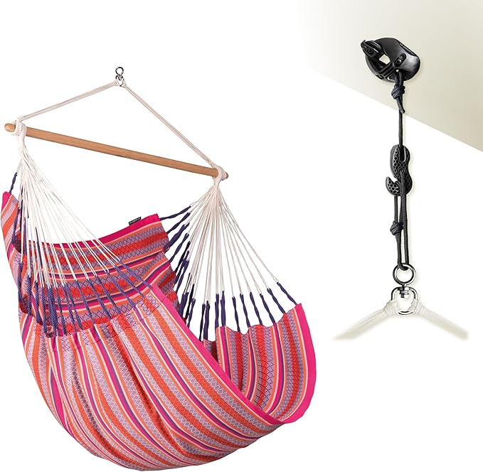 LA SIESTA® - XL King Habana Cotton Hammock Chair & CasaMount - Hanging Chair w/Suspension Kit for Walls Ceilings & Square Beams - Indoor Outdoor Swing Hanging Chair Bedroom Patio Balcony - Flamingo