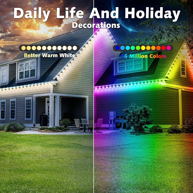 300FT Permanent Outdoor RGB Lights,IP67 Waterproof Smart LED Eaves Lights with App/Remote Control,for Christmas and All Holiday Decor,Daily and Accent Lighting,House Roof and Garden Lighting