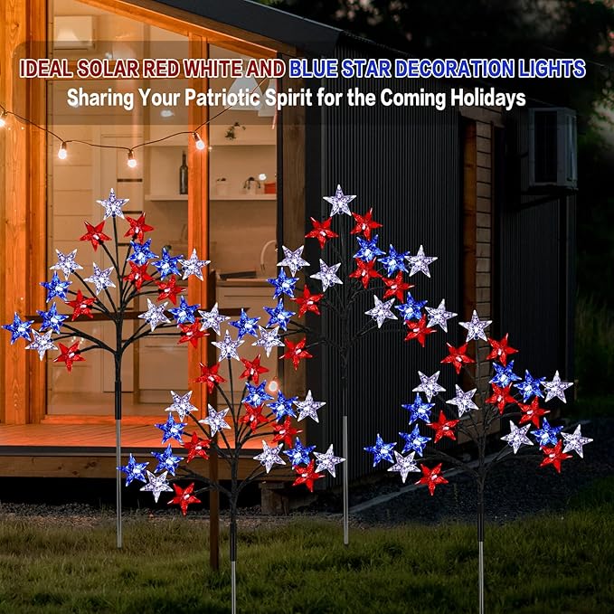 Solar 4th of July Stake Lights, Red White and Blue Lights Outdoor Decorations, Led Patriotic Lights Battery Operated for Memorial Day, July 4th, Veterans Day Outside Decor (4 in 1)