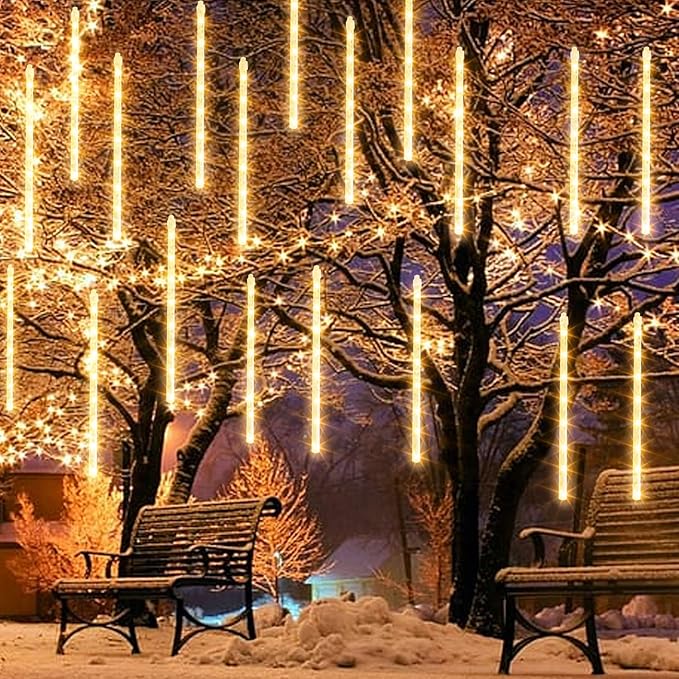 Dazzle Bright Christmas Lights Outdoor, 288LED Meteor Shower Rain Lights 12 Inch 8 Tubes, Waterproof Plug in Falling Icicle Lights Christmas Decorations for Xmas Tree Yard House Decor (Warm White)
