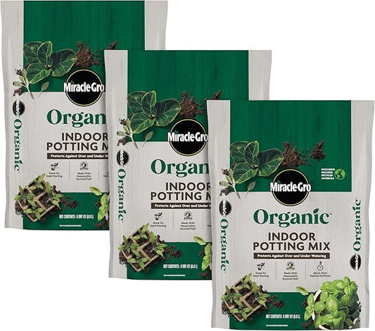 Miracle-Gro Organic Indoor Potting Mix, Protects Against Over and Under Watering, for Indoor Container Plants, Houseplants and Starter Plants, OMRI Listed, 8 qt., 3-Pack