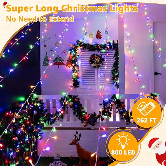 Ollny Christmas Lights Outdoor 800LED 262FT, Multicolor Plug in Fairy Lights with Remote, 8 Modes Waterproof Timers Dimmable LED String Lights for Indoor House Outside Bedroom Patio Balcony