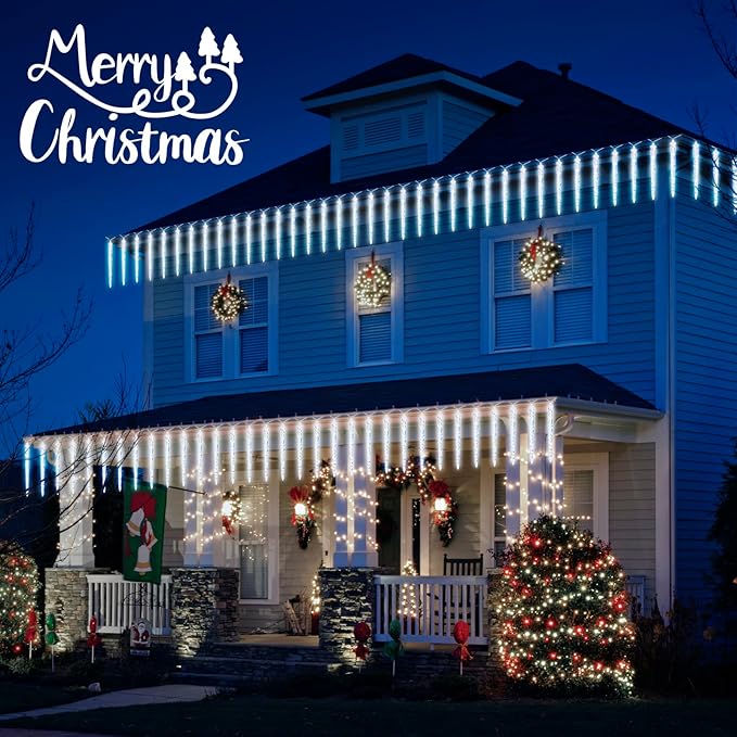 Christmas Icicle Lights Outdoor, 10Ft Meteor Shower Lights with 10 Ice Shaped Tube, Snowfall Shooting Star Light Effect, Falling Crystal Christmas Decorations for House Eave Roofline, Cool White