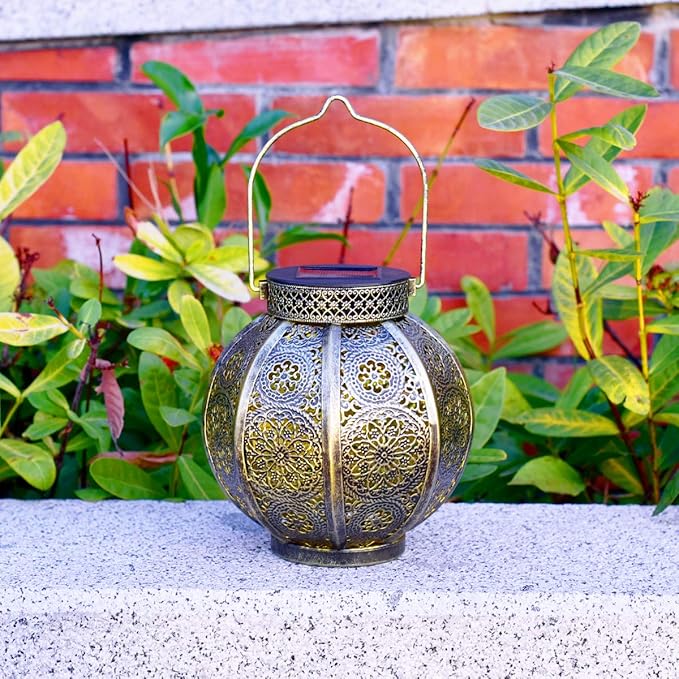 Moroccan Garden Solar Lanterns, {Set of 2} Bohemian Landscape Solar Lights Outdoor Waterproof for Yard Pathway Patio Tree Table Decor (Bronze)