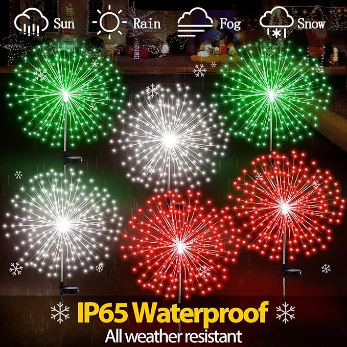 6 Pcs St. Patrick's Day Solar Firework Stake Lights 180 LED 8 Modes Solar Waterproof LED Sparkler Lights Outdoor Decoration for Garden Patio Yard Pathway Walkway Lawn, Red Green White
