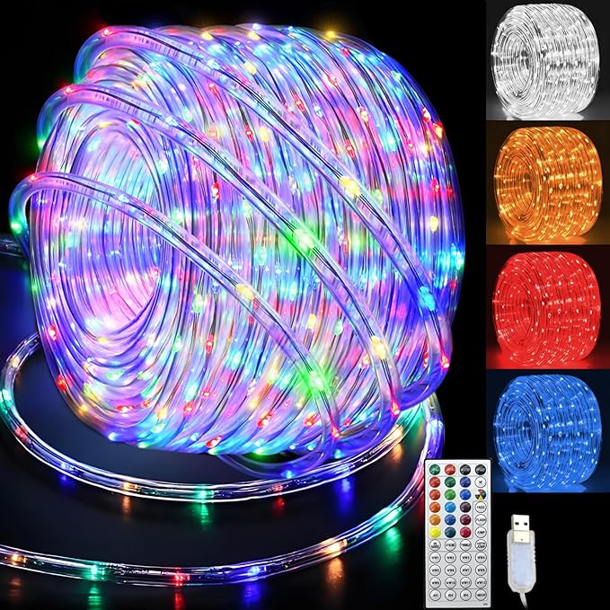 RGBW LED Rope Lights Outdoor with USB Powered, 33Ft 100 LED String Lights Indoor with Remote, 20 Color Changing Fairy Lights for Outside Garden Party Wedding Christmas