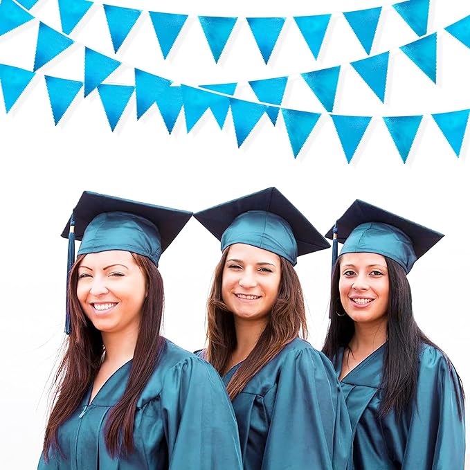 Sky Blue Party Decorations - Light Blue Triangle Pennant Banner Flag - Metallic Fabric Bunting for Graduation, Wedding, Retirement, Birthday, Under The Sea, Nautical, Ahoy, Party Decor Supplies