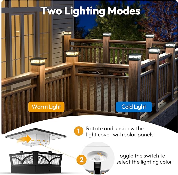 NIORSUN Solar Post Cap Lights Outdoor, 2 Modes LED, Deck Fence Post Solar Lights for 3.5x3.5 4x4 Caps Patio Garden Decoration, Warm White/Cool White Lighting Black 6 Pack