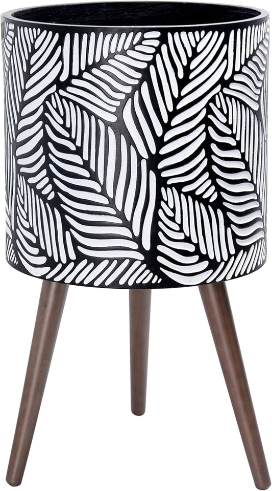 D'vine Dev 14 Inch Planter Pot with Stand, Mid-Century Tall Plant Pot with Legs for Indoor Plants, X-Large, White/Grey, 88-L-D-7