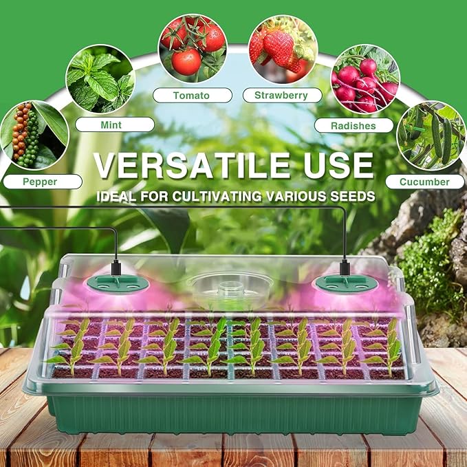 YAUNGEL Seed Starter Tray with Grow Light, Seed Starter Kit with Timing Controller Adjustable Brightness,80 Cells Seed Starter Tray for Indoor Planting with Humidity Domes Heightened Lids 2 Pack