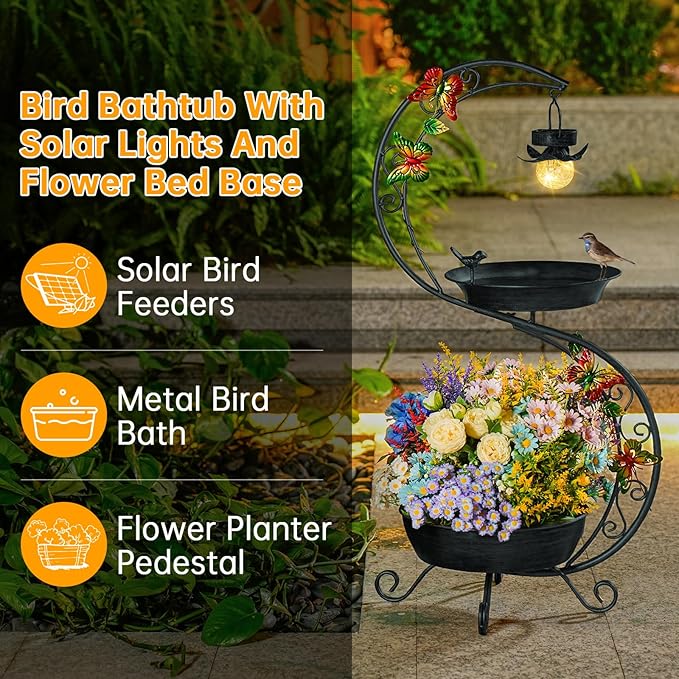 Bird Bath for Outside with Solar Lamp, 36" Birdbaths for Outdoors with Planter Flower Pot, Metal Bird Bath Bowl for Garden Yard Decor (All Black)