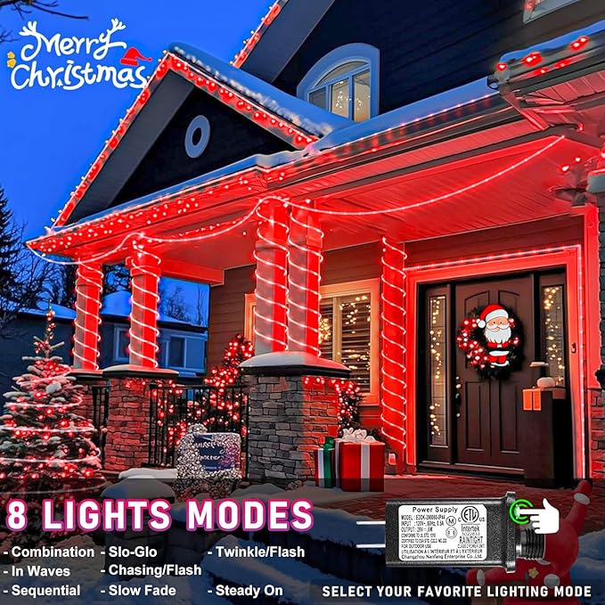 Rope Lights for Outside, 100FT 300 LED Plug in Christmas Lights Outdoor with Waterproof 8 Modes, Connectable String Twinkle Light for Indoor House Patio Garden Pool Wedding Decorations, Red