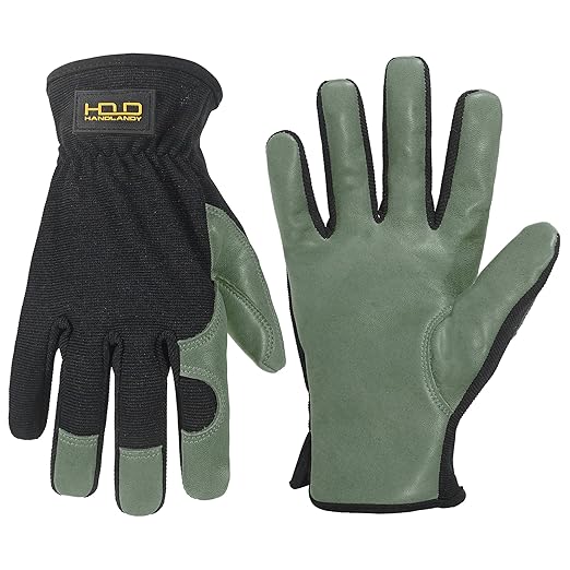HLDD HANDLANDY Leather Gardening Gloves for Men, Utility Work Gloves for Gardening, Yardwork, Construction, Mechanics with Reinforced Palm, Green M