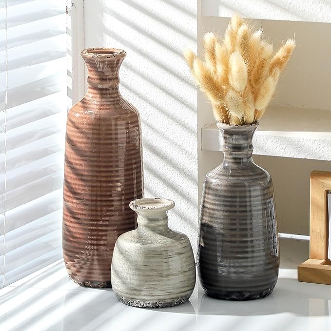 Ceramic Vases Set of 3, Neutral Rustic Farmhouse Vases Home Decor Decorative Flower Vase Modern Boho Pampass Vase for Table Mantel Entryway Shelf Living Room Kitchen Bathroom - Brown