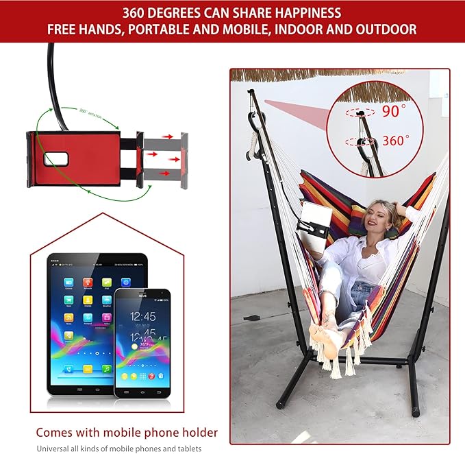 ZEYU Hammock Chair with Stand Double Hammock Chair Bohemian Style with Tassel Mobile Phone Support Manual Adjustable Swing Indoor and Outdoor Garden Porch with Floor mat Reclining Capacity 400 pounds