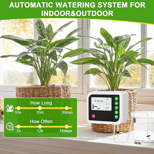 Automatic Plant Water Indoor, 15 Potted Plants Self Watering System, Automatic Drip Irrigation Kit Plant Watering Devices Programmable Water Timer, LED Display and Power Supply