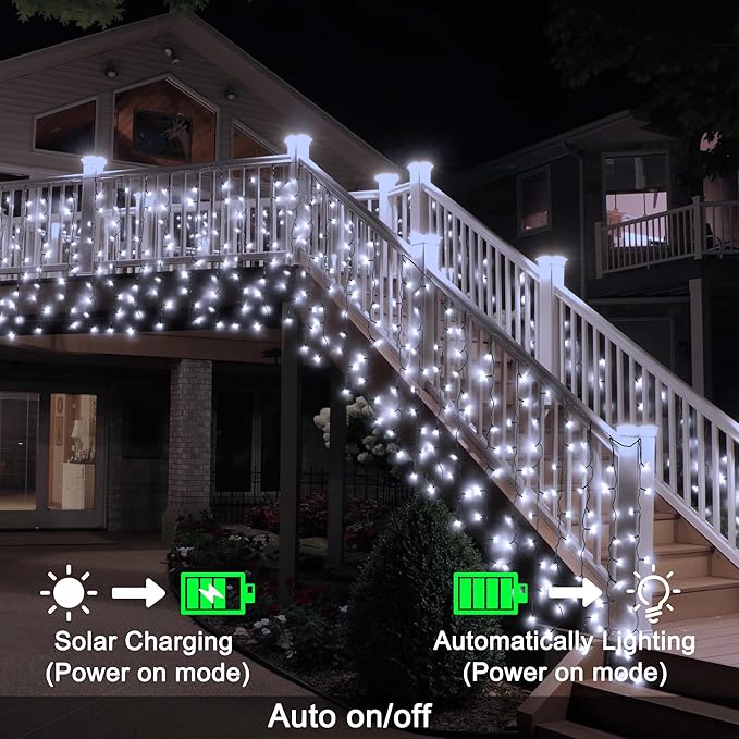echosari Solar Powered Curtain Lights 33ftx 3ft 500 LED Outdoor Curtain Lights Waterproof with Timer 8 Modes for Christmas Garden Patio Fence Wedding Wall Window Gazebo Decor - Cool White