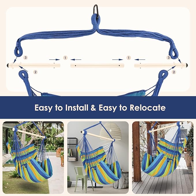 Highwild Hammock Chair Hanging Rope Swing - Max 500 Lbs - Steel Spreader Bar with Anti-Slip Rings - for Any Indoor or Outdoor Spaces (Blue Striped)