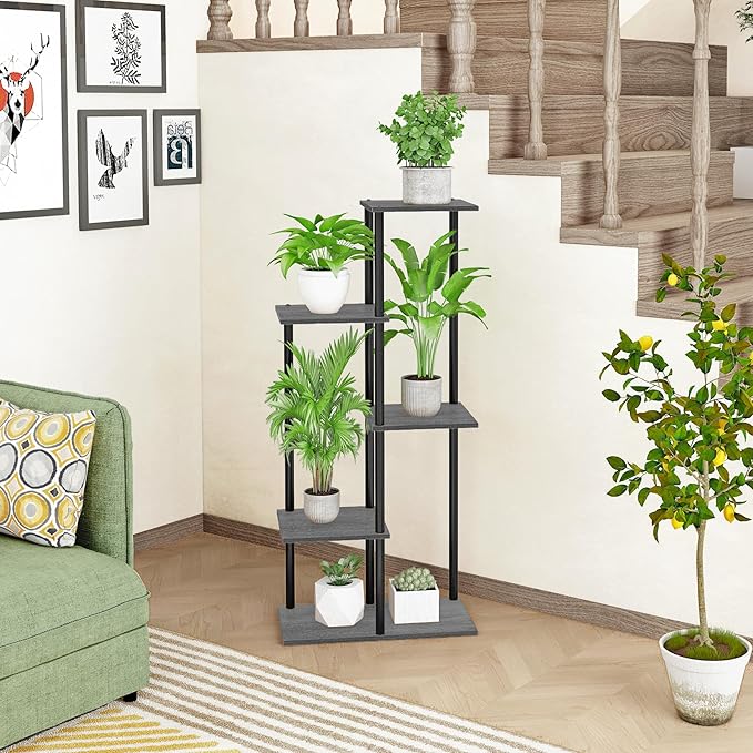 Plant Stand Indoor 5 Tier 6 Potted Metal Wood Plant Shelf, Multiple Flower Pots Corner Tall Plant Holder Stands for Living Room Balcony Bedroom, Oak Grey