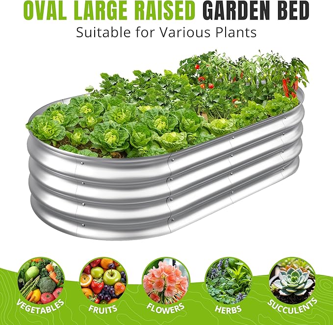 Sponvatt Raised Garden Bed - Outdoor Galvanized Raised Garden Bed Planter Boxes, Large Oval Metal for Gardening Planter Box Kit,Suitable for Vegetables,Herbs (Silver, 6x3x1 Ft)