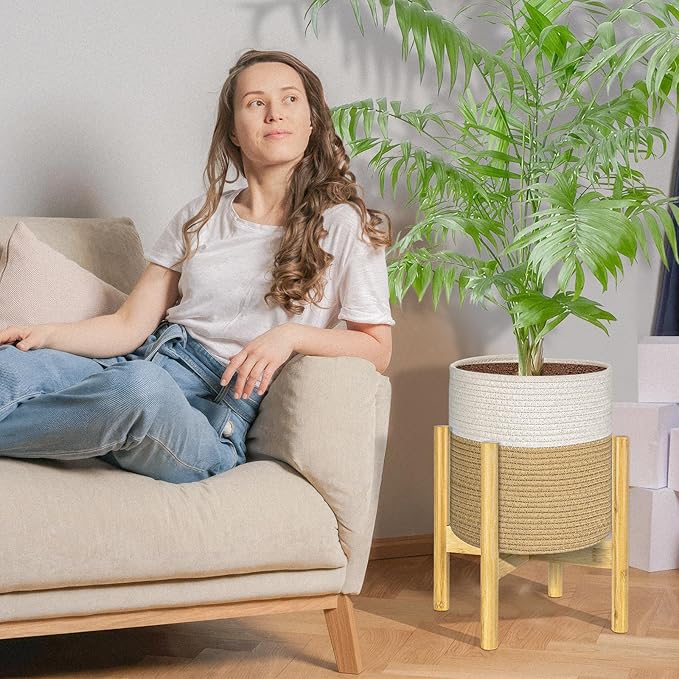 PAULINN Plant Basket with Stand 2 Packs, 11" x 11" & 9" x 9" Woven Plant Basket with Bamboo Stand, for Indoor Plants, Fits 10" x 10" & 8" x 8" Plant Pots