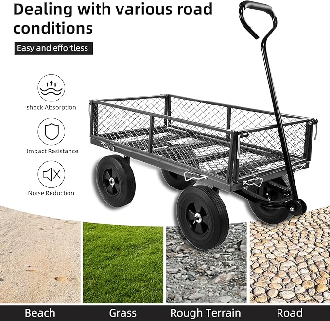 Heavy Duty 480 Lbs Capacity Mesh Steel Garden Cart Folding Utility Wagon with Removable Sides (Black)