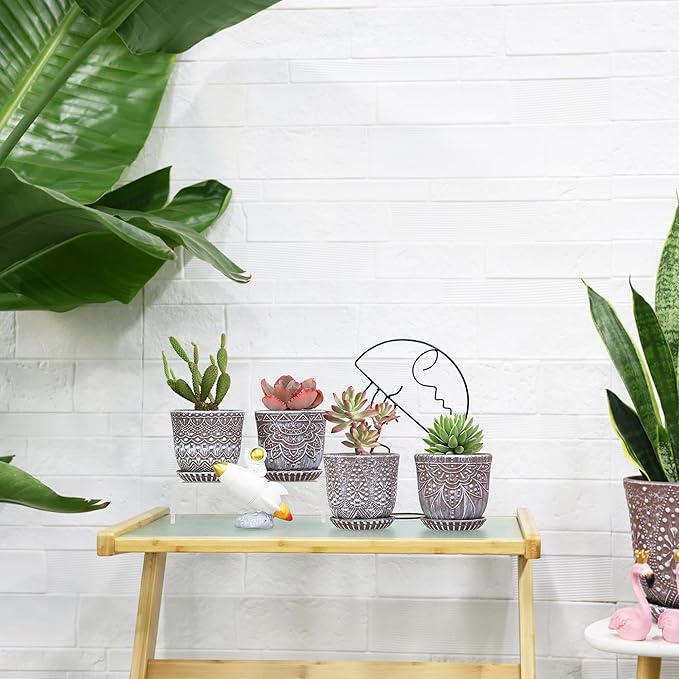 Gepege Succulent Pots, 4 Inch Small Indoor Ceramic Planter Pot with Drainage Holes and Saucers for Plants - Set of 4