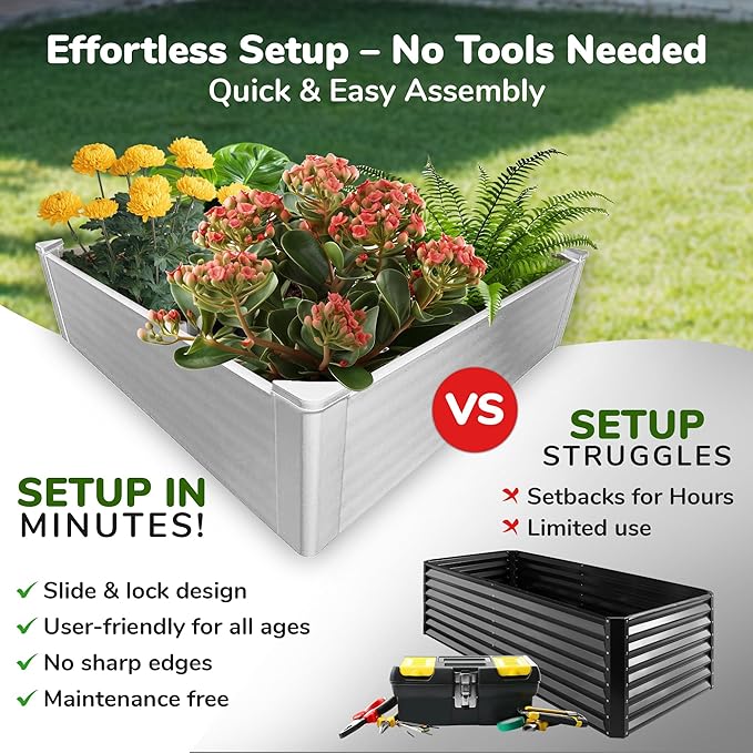 Raised Garden Bed - 4x4 ft Planter Box - White HDPE - No Tools Needed - DIY Kit for Urban Gardening, Flowers, Herbs & Vegetables - Made in The USA