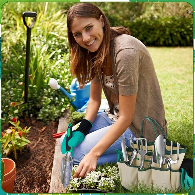 Garden Tool Set, 11 Piece Stainless Steel Heavy Duty Gardening Supplies with Green Black Handle Outdoor Weeding Gifts for Women