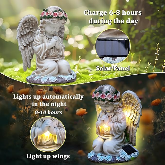 Choies Solar Angel Garden Statue Outdoor Decor,Praying Angel Sculpture for Outside,Home,Patio,Yard,Cemetery,Perfect Birthday or Valentines Day Angel Gifts for Women,Mom