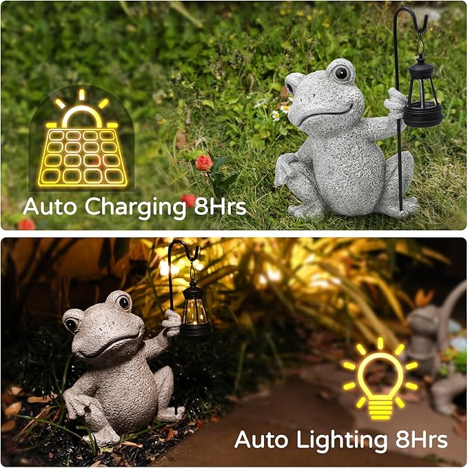 Solar Garden Outdoor Statues Frog with Solar Lantern, Lawn Decor Frog Figurine for Patio Balcony Yard, Yard Unique Christmas Birthdays Gift for Mom Grandma
